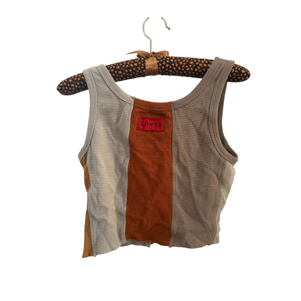 CHNGE Organic Cotton Waffle Knit Crop Tank Top Earth Tone Colorblock Small - Picture 2 of 5